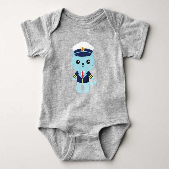 Sailor Cat, Sailor Hat, Boat Captain, Blue Cat Baby Bodysuit (Front)