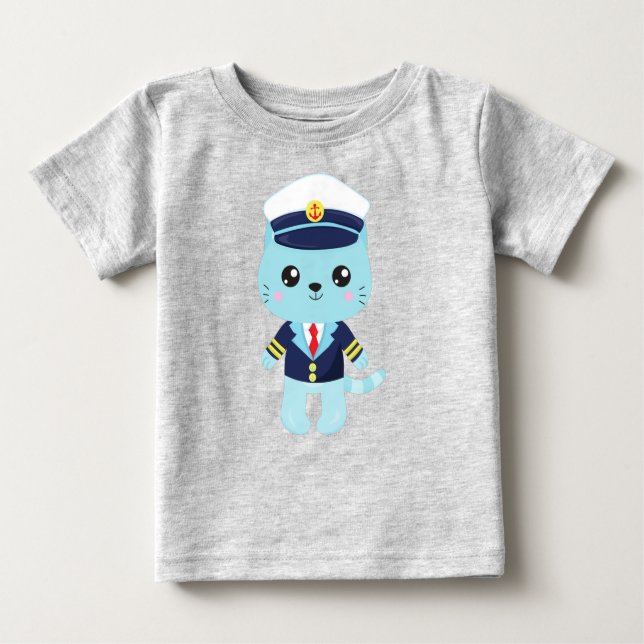 Sailor Cat, Sailor Hat, Boat Captain, Blue Cat Baby T-Shirt (Front)