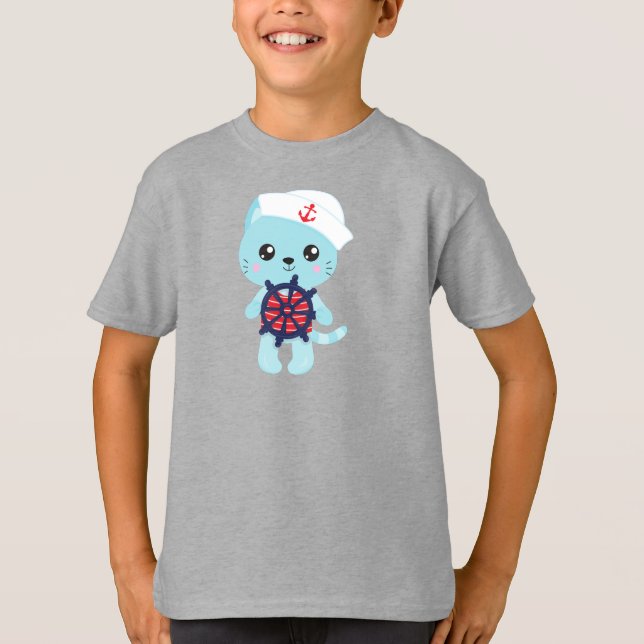 Sailor Cat, Sailor Hat, Boat Captain, Cute Cat T-Shirt (Front)