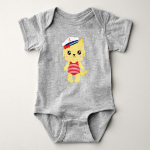 Sailor Cat, Sailor Hat, Boat Captain, Yellow Cat Baby Bodysuit