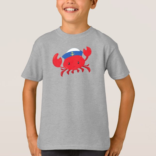 Sailor Crab, Cute Crab, Sailor Hat, Sailing, Sea T-Shirt (Front)