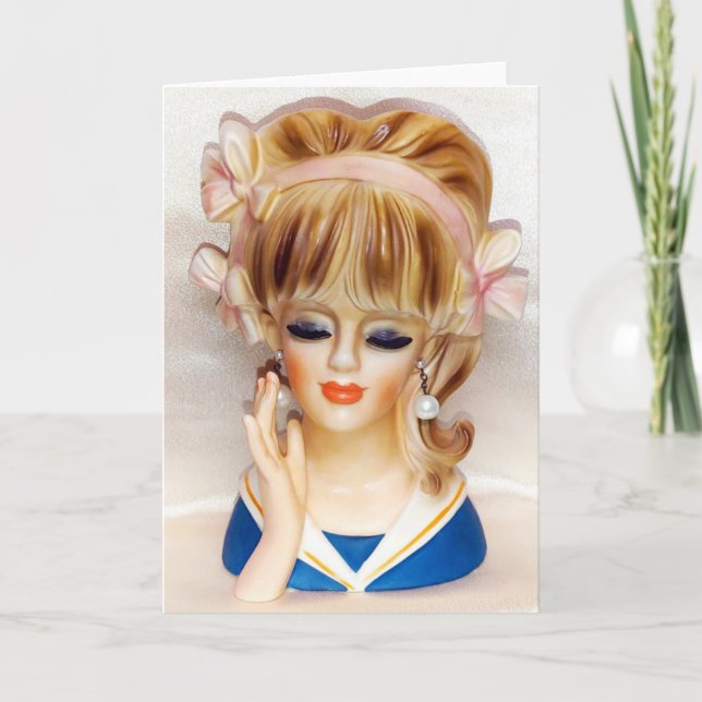 Sailor Girl Head Vase Pink Bows Long Blonde Hair Card (Front)