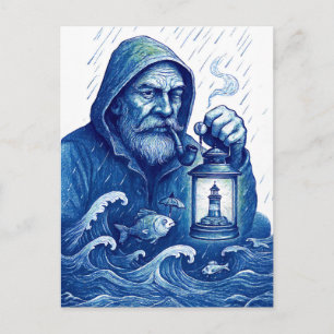 Sailor Holding Lantern While Fish Holds Umbrella Postcard