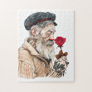 Sailor Holding Red Rose In Romantisailor; bottle s Jigsaw Puzzle