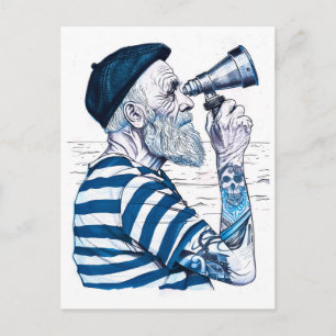 Sailor Looking Through Telescope Towards Distant H Postcard