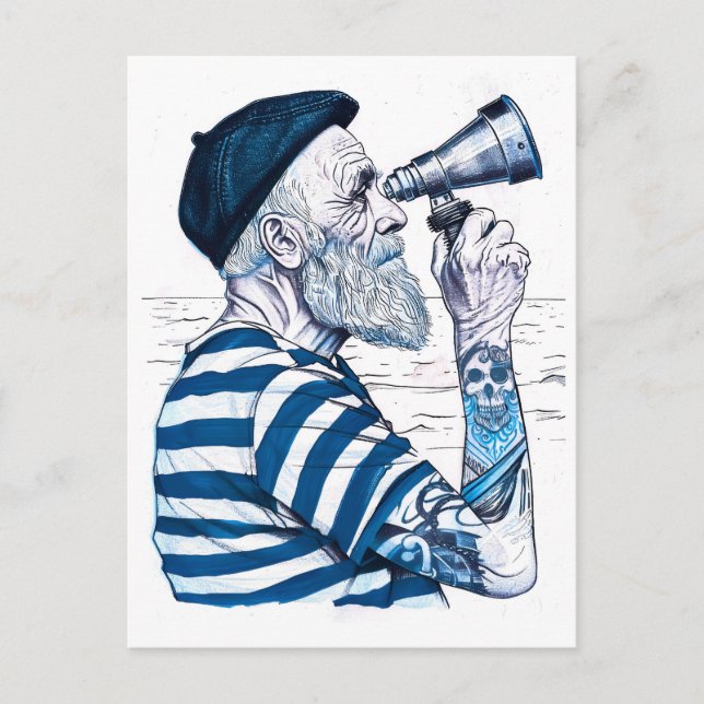 Sailor Looking Through Telescope Towards Distant H Postcard (Front)