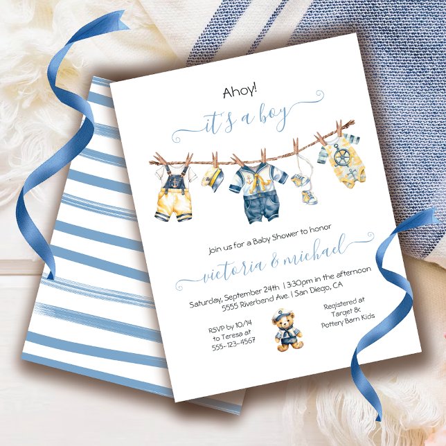 Sailor Nautical Ahoy Boy Baby Shower Clothesline Invitation (Creator Uploaded)