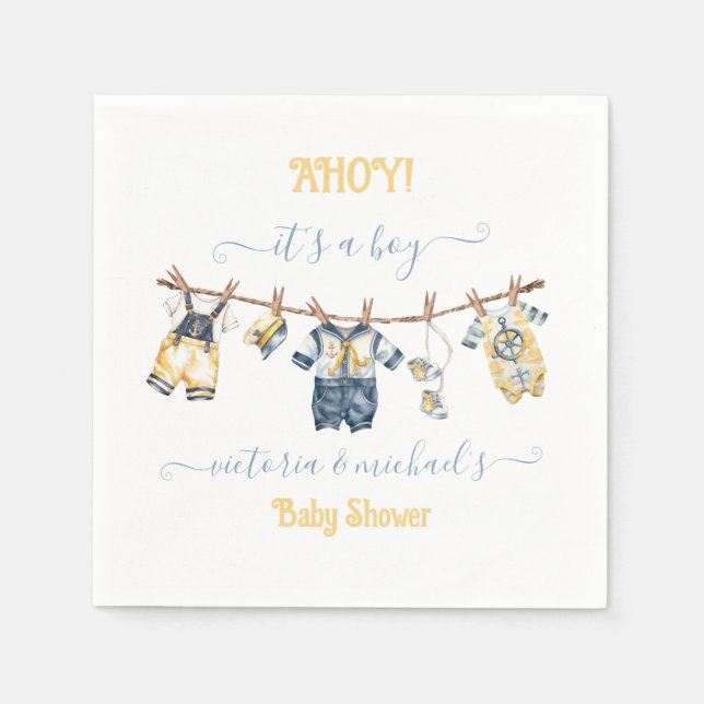 Sailor Nautical Ahoy Boy Baby Shower Clothesline Napkin (Front)