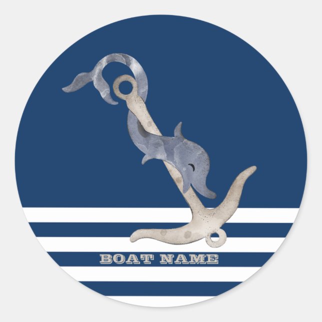 Sailor Nautical Anchor Dolphin Navy Blue Striped   Classic Round Sticker (Front)