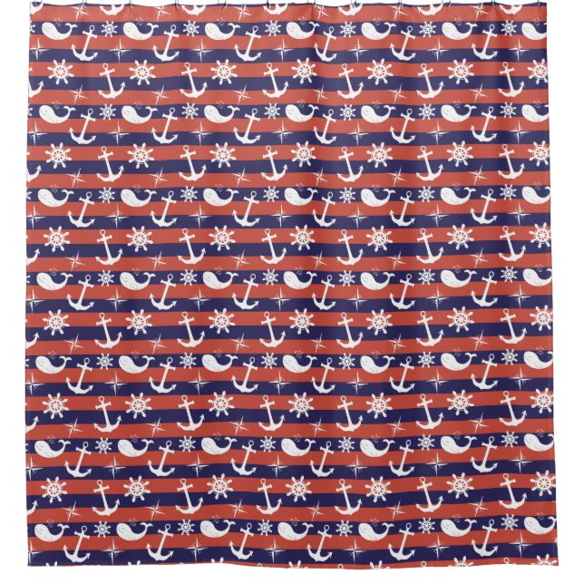 Sailor Nautical navy blue and red stripes pattern Shower Curtain (Front)