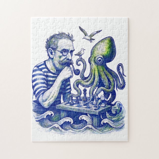 Sailor Playing Chess With Large Curious Octopus Jigsaw Puzzle (Vertical)