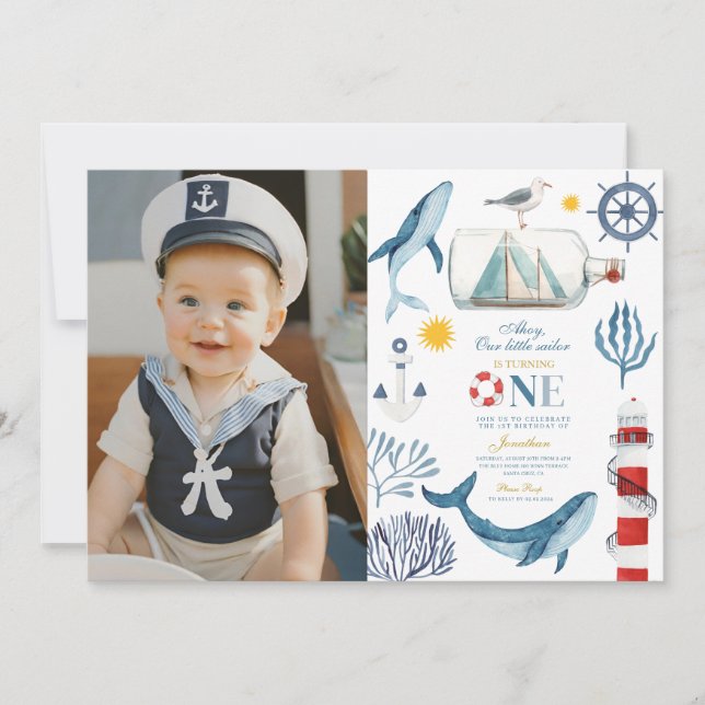 Sailor Watercolor Whale Sea 1st Birthday Invitation (Front)