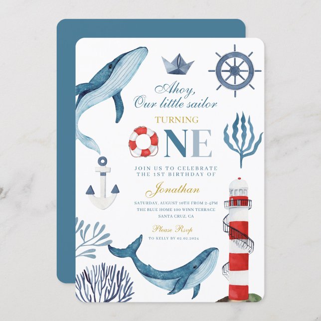 Sailor Watercolor Whale Sea 1st Birthday Invitation (Creator Uploaded)