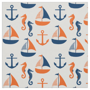 Sailors Blue and Orange Marine Pattern Fabric