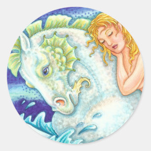 SAILOR'S FANTASY MERMAID RIDING MERHORSE, SEAHORSE CLASSIC ROUND STICKER