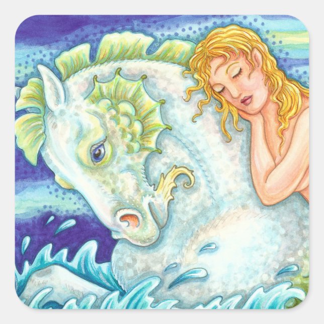 SAILOR'S FANTASY MERMAID RIDING MERHORSE, SEAHORSE SQUARE STICKER (Front)