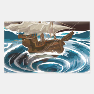 Sailship falling into a Whirlpool in the Sea Rectangular Sticker