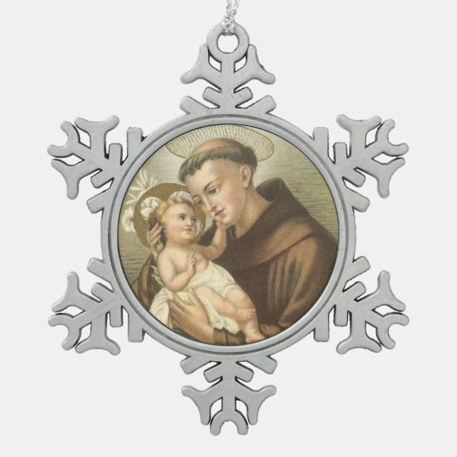 Saint Anthony of Padua with Baby Jesus Snowflake Pewter Christmas Ornament (Front)