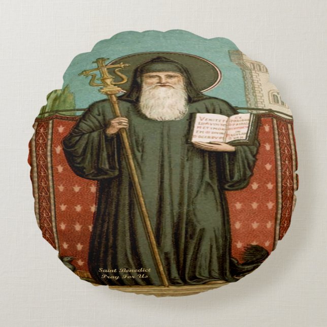Saint Benedict of Nursia Round Cushion (Front)
