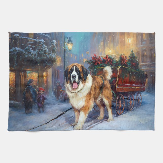Saint Bernard Christmas Festive Season  Tea Towel (Horizontal)