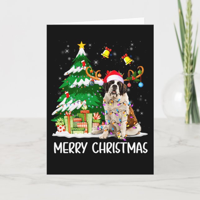 Saint Bernard Christmas Lights Tree Santa Xmas Paj Card (Front)