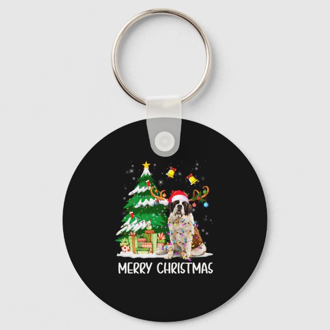 Saint Bernard Christmas Lights Tree Santa Xmas Paj Key Ring (Front)