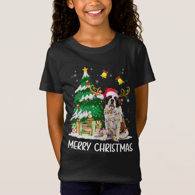 Saint Bernard Christmas Lights Tree Santa Xmas Paj T-Shirt (Front)
