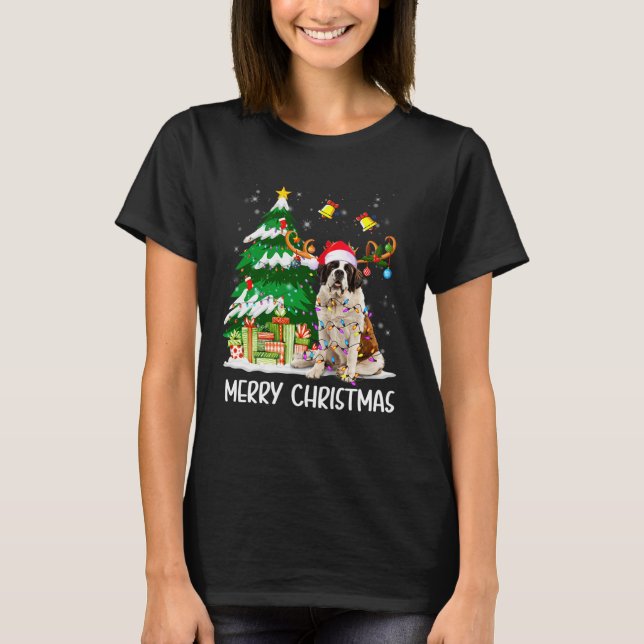 Saint Bernard Christmas Lights Tree Santa Xmas Paj T-Shirt (Front)