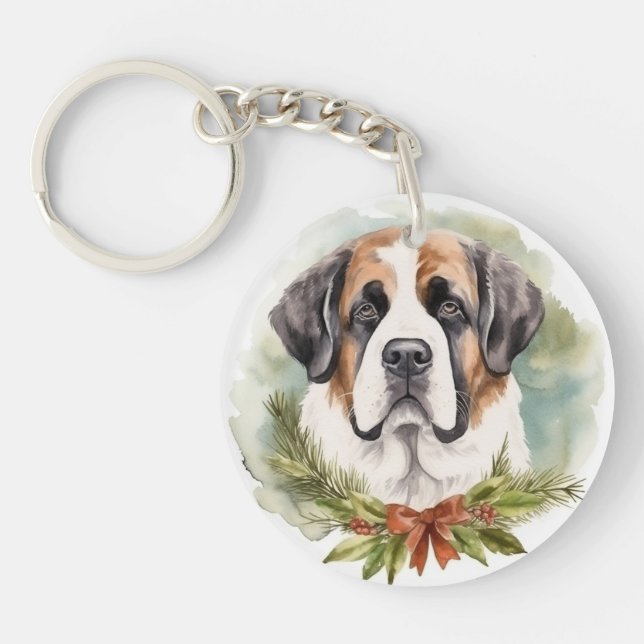 Saint Bernard Christmas Wreath Festive Pup Key Ring (Front)
