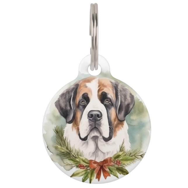 Saint Bernard Christmas Wreath Festive Pup Pet Tag (Front)