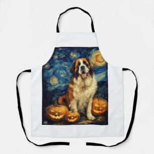 Saint Bernard Cute Dog Halloween Jack O Lantern Pu Apron
