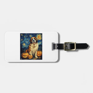 Saint Bernard Cute Dog Halloween Jack O Lantern Pu Luggage Tag