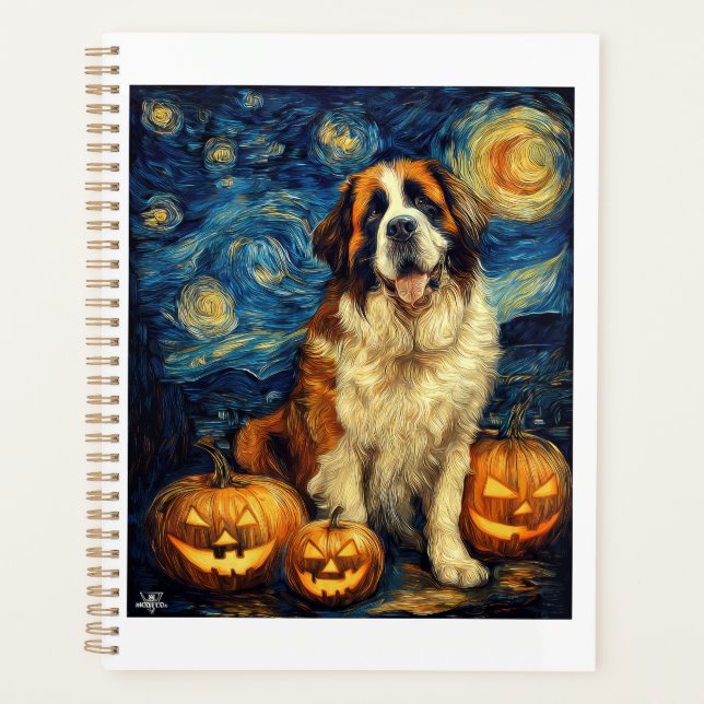 Saint Bernard Cute Dog Halloween Jack O Lantern Pu Planner (Front)