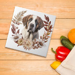 Saint Bernard Dog Autumn Wreath Tile<br><div class="desc">A beautiful portrait of a Saint Bernard dog is placed at the centre of a pretty watercolor autumn wreath in tones of cinnamon brown,  tan,  and cream. Everything is placed on a white background.</div>