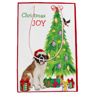 Saint Bernard Dog, Bird, and Christmas Tree Medium Gift Bag
