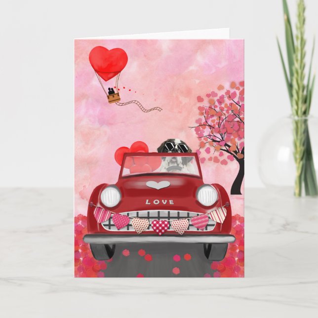Saint Bernard Dog Car with Hearts Valentine's  Card (Front)