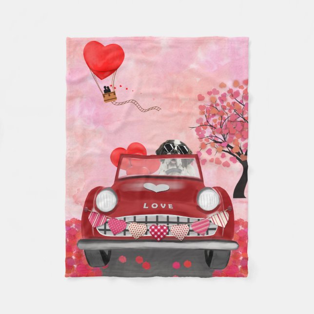 Saint Bernard Dog Car with Hearts Valentine's  Fleece Blanket (Front)