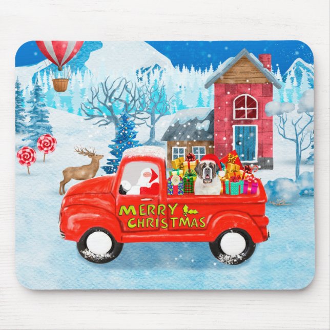 Saint Bernard Dog Christmas Delivery Truck Snow Mouse Pad (Front)
