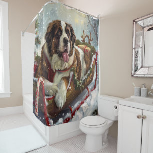 Saint Bernard Dog Christmas Festive Shower Curtain