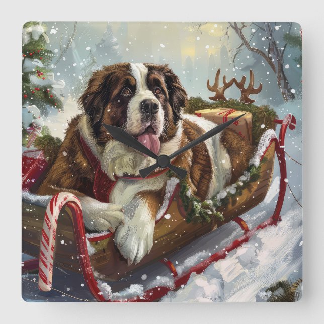 Saint Bernard Dog Christmas Festive  Square Wall Clock (Front)