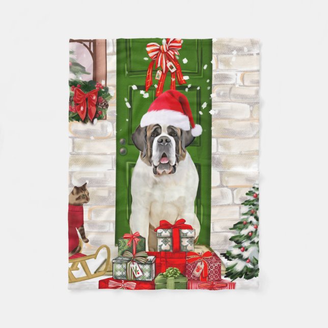 Saint Bernard Dog Christmas Fleece Blanket (Front)