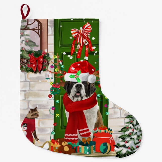 Saint Bernard Dog Christmas   Large Christmas Stocking (Front)