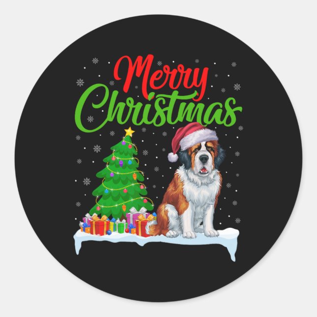 Saint Bernard Dog Christmas Tree Lights Funny Xmas Classic Round Sticker (Front)