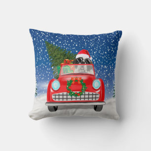 Saint Bernard Dog Driving Car In Snow Christmas Cushion