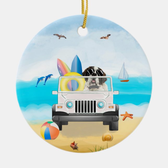saint bernard Dog Driving on Beach  Ceramic Tree Decoration (Front)