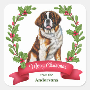 Saint Bernard Dog Holly Banner Christmas Square Sticker