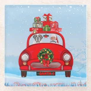 Saint Bernard Dog In Car With Santa Claus Glass Coaster