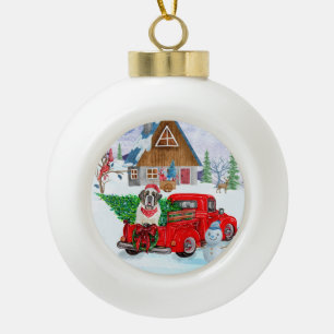 Saint Bernard Dog In Christmas Delivery Truck Snow Ceramic Ball Christmas Ornament