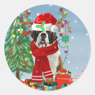 Saint Bernard  Dog in Snow Christmas  Classic Round Sticker