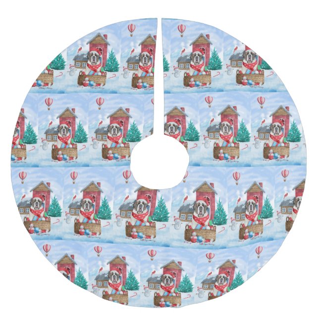 Saint Bernard Dog In snow Christmas Dog House Brushed Polyester Tree Skirt (Front)